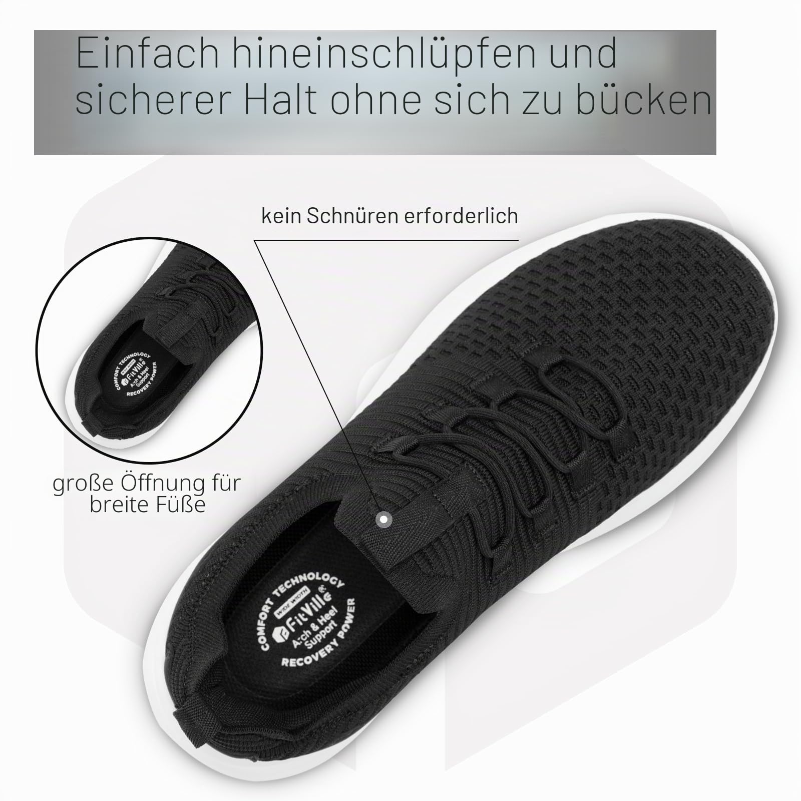 FitVille Slip On Sneakers Herren Walkingschuhe Extra Weit Sportschuhe Leichte Laufschuhe Atmungsaktive Schlüpfen Schuhe,Schwarz,43 EU,Weit 2