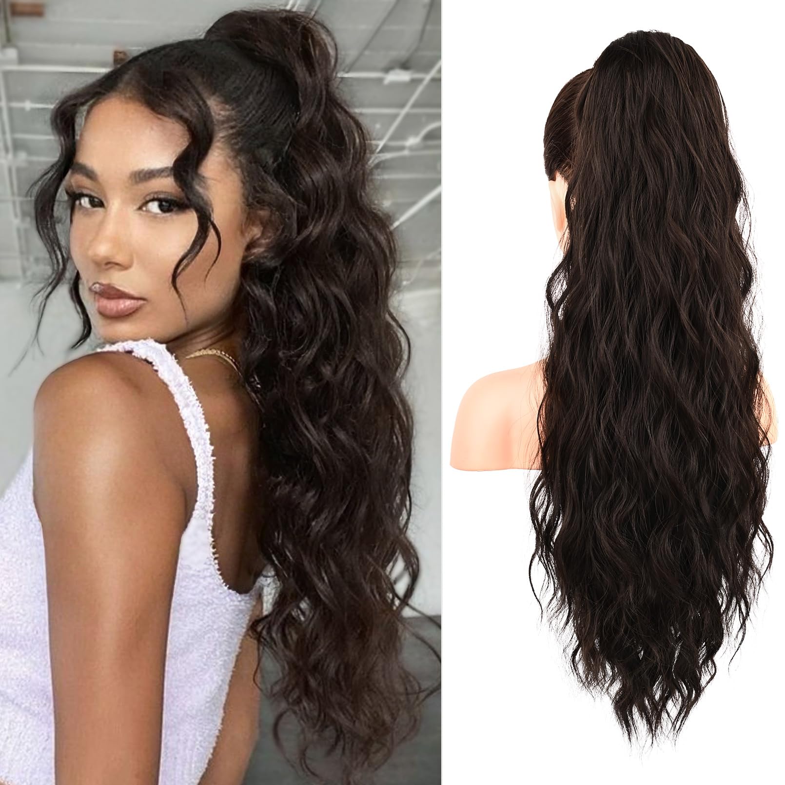 REECHO Ponytail Extension, 26" Long Beach Wave Drawstring Pony Hair Extension Synthetic Pony Tail Hairpiece for Women - Black Brown — image 1