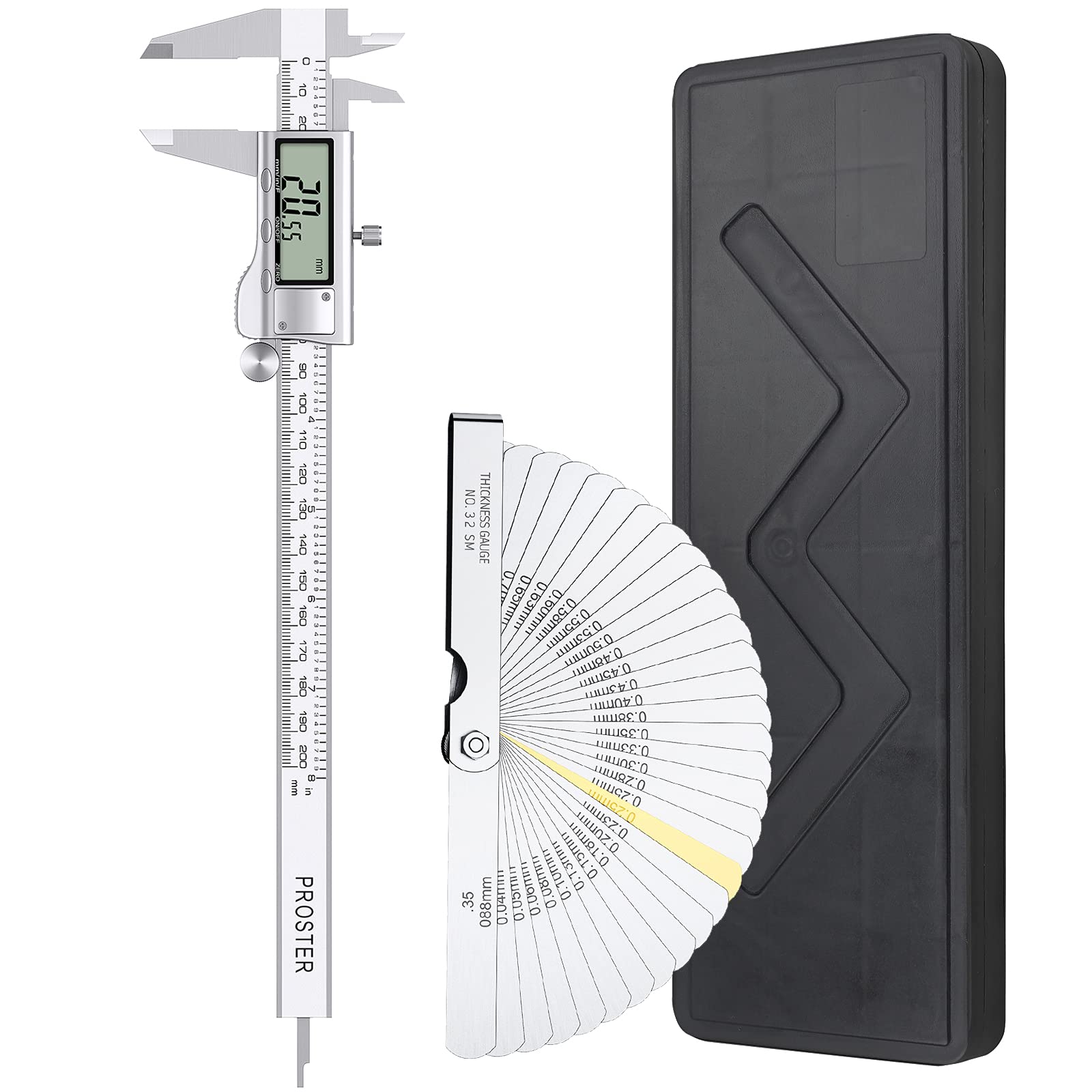 Proster Digital Vernier Caliper 8inch/200mm + 32 Feeler Gauges Dial Calipers Electronic Caliper Fractions/Inch/Metric Calipers Measuring Tool for Length Width Depth Inner/Outer Diameter