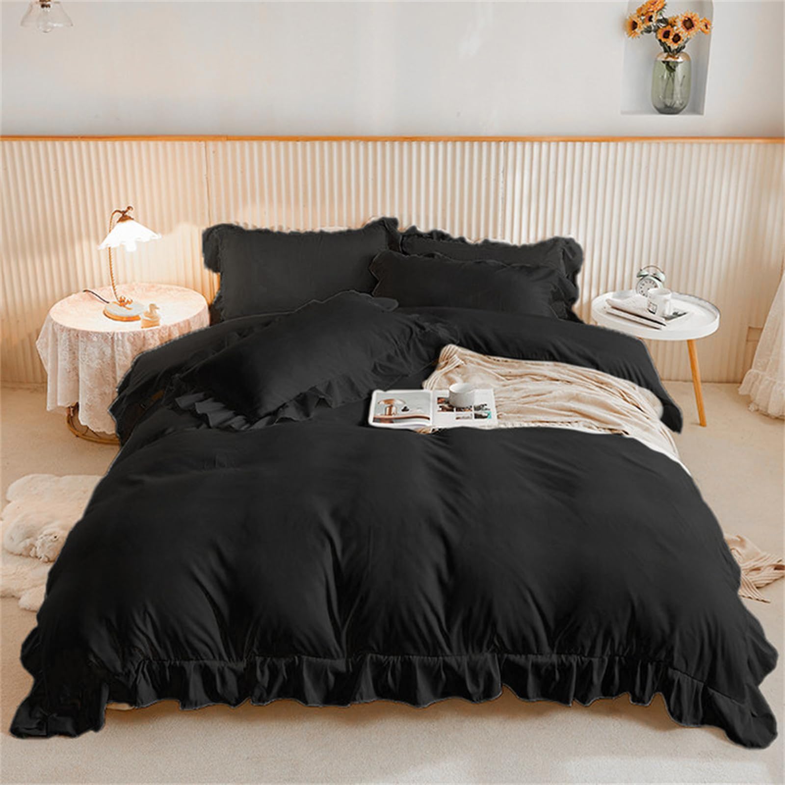 Black Ruffle Frills Bedding Set Duvet Cover Set,Soft Microfiber,Zipper Closure and 2 Pillowcases,Double 200x200 cm — image 1