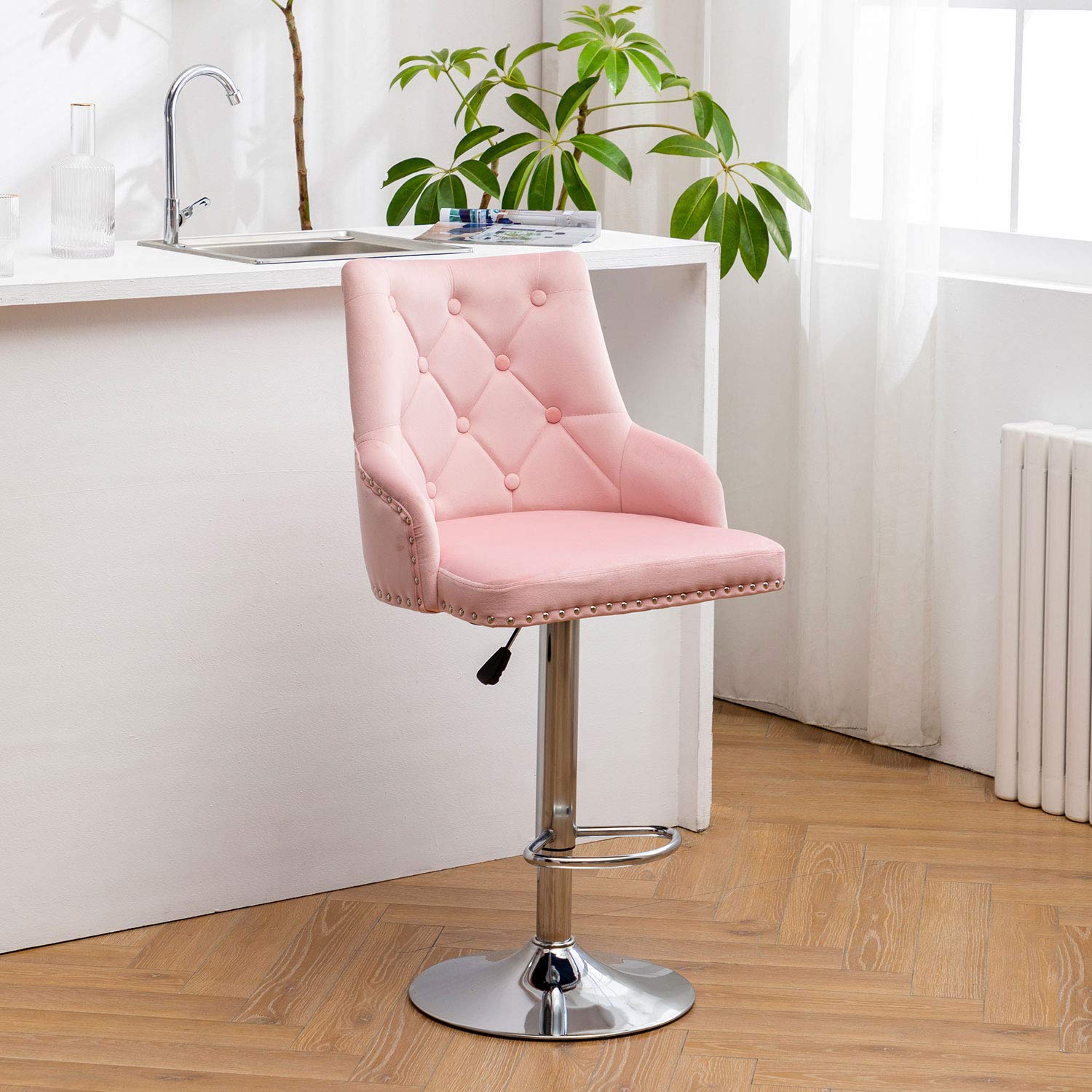 Hironpal Pink Velvet Bar Stool Chairs