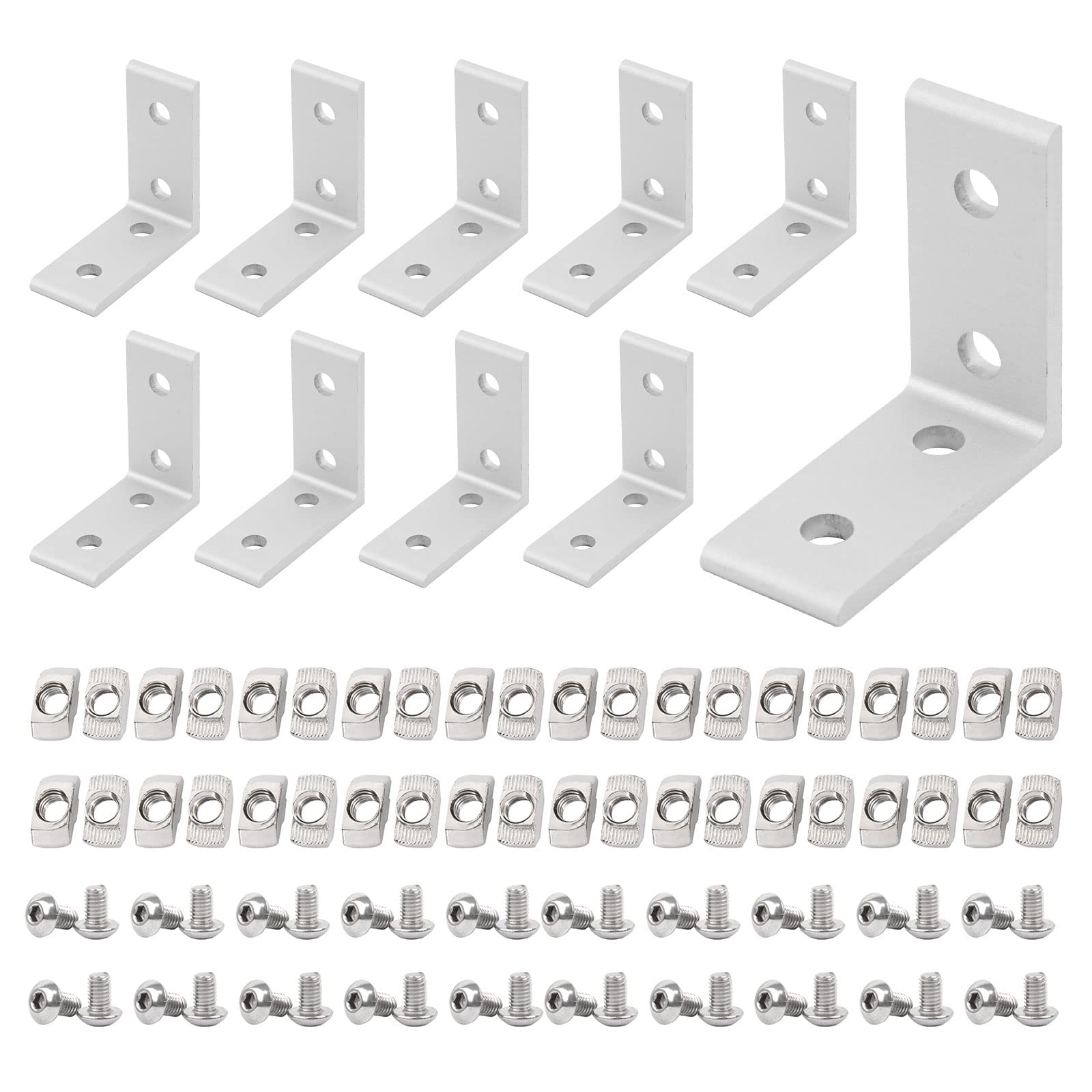 Photo 1 of 10pcs 4 Hole Inside Corner Bracket for 2020 Aluminum Extrusion 6mm Slot, 2020 Silver L Corner Bracket 90 Degree with 40pcs M5 T Nuts,40pcs M5 Hex Screw,1pcs Wrench