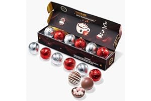 KIRI & SONS Hot Chocolate Bom Marshmallow Balls - Set of 6-2 Flavors White & Red Swirl Design Caramel & Fudge Brownie Candy Chocolates - Delicious Cocoa Melts Filled Marshmallows - Gift Melting Delicious Gifts