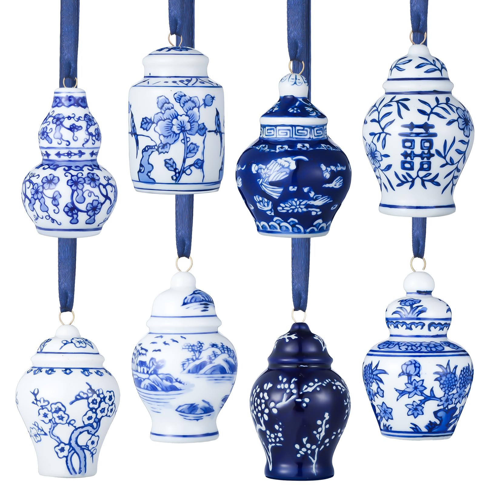 Photo 1 of 8 Pcs Christmas Mini Ginger Jar Ornaments Chinoiserie Porcelain Hanging Ornaments Ceramic Christmas Ornaments Blue and White Christmas Tree Decorations Christmas Hanging Pendant (Classic Style)