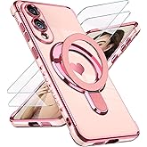 Liufcx for Samsung Galaxy S25 Edge Case with Glass Screen Protector: Luxury Plated Gold Edge Love Heart Pattern Kickstand Case,Soft TPU Shockproof Full Camera Protection Phone Case for S25 Edge (Pink)