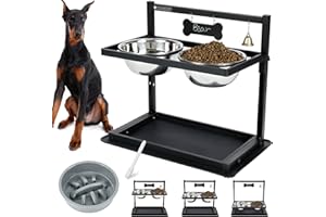 SHAINFUN Elevated Dog Bowls with Slow Feeder, Raised Dog Bowl for Large Dogs Adjustable Height with 2 Stainless Steel Dog Food Bowls Spill Proof Mat, Dog Bowls for Large Medium Dogs.(Grey)