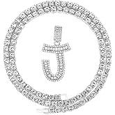 HH Bling Silver Gold Iced Out Baguette Initial Letter Necklaces for Men Women, Big Cz Diamond Capital Letter Pendant A-Z with Rope Tennis Chains