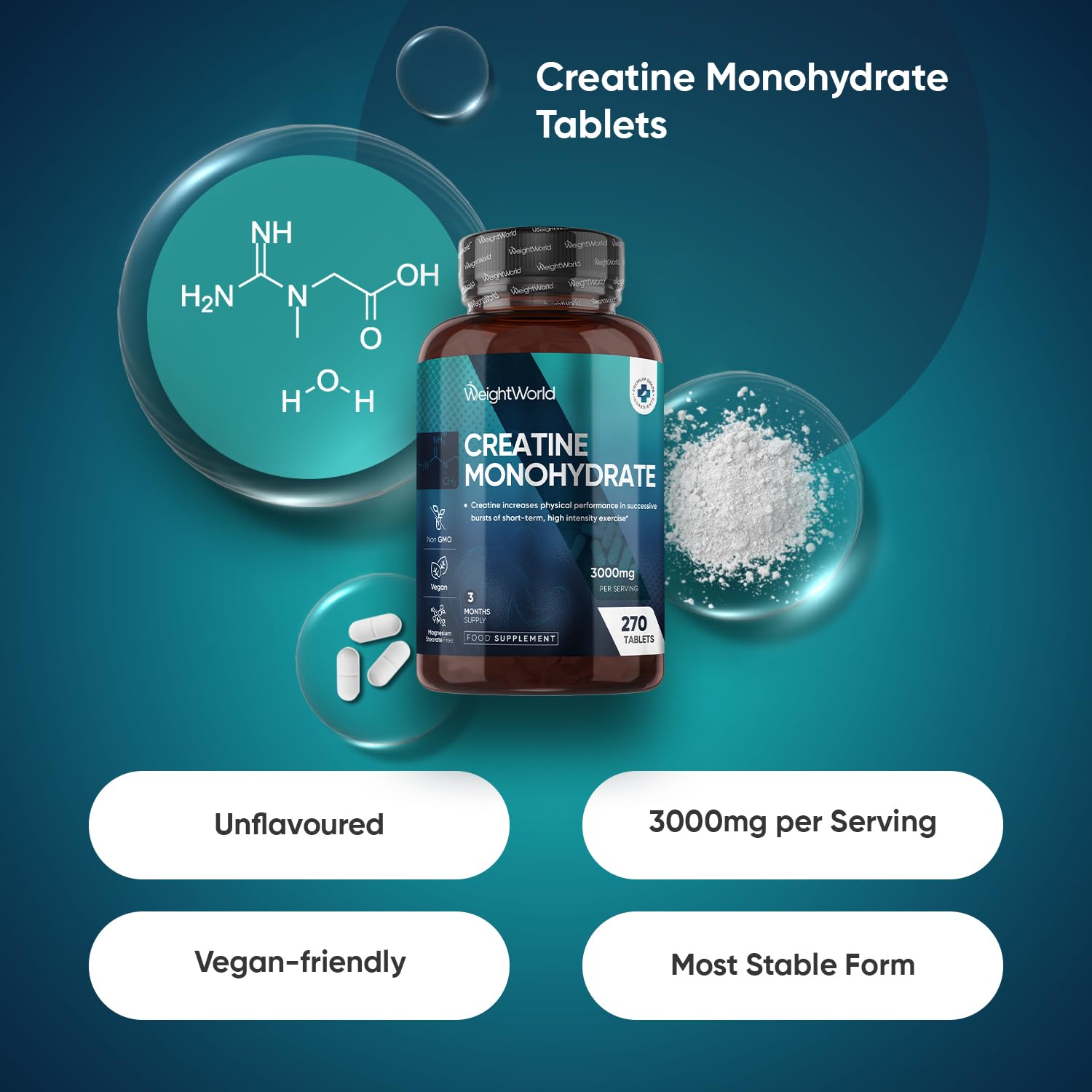 Creatine Monohydrate Tablets - 270 Unflavoured Creatine Tablets - Vegan & Keto-Friendly - 3 Months Supply - Non-GMO & Magnesium Stearete-Free - for Men & Women