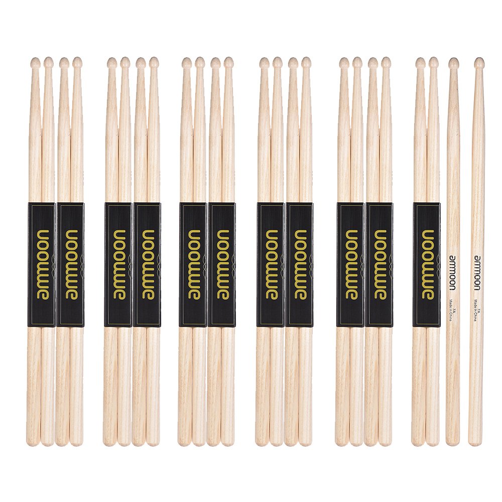 ammoon Wooden Drumsticks Drum Sticks 12 Pair of 7A Fraxinus Mandshurica