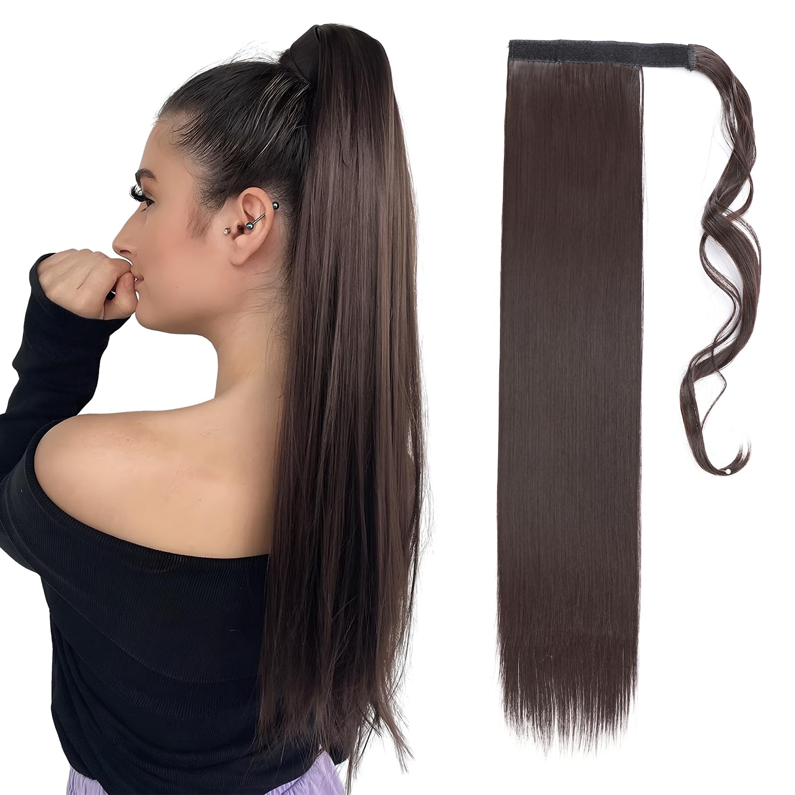 Clip in Ponytail Extension Wrap around Long Straight Pony Tail Hair Synthetic Hairpiece Magic Paste 23 inch Dark Brown