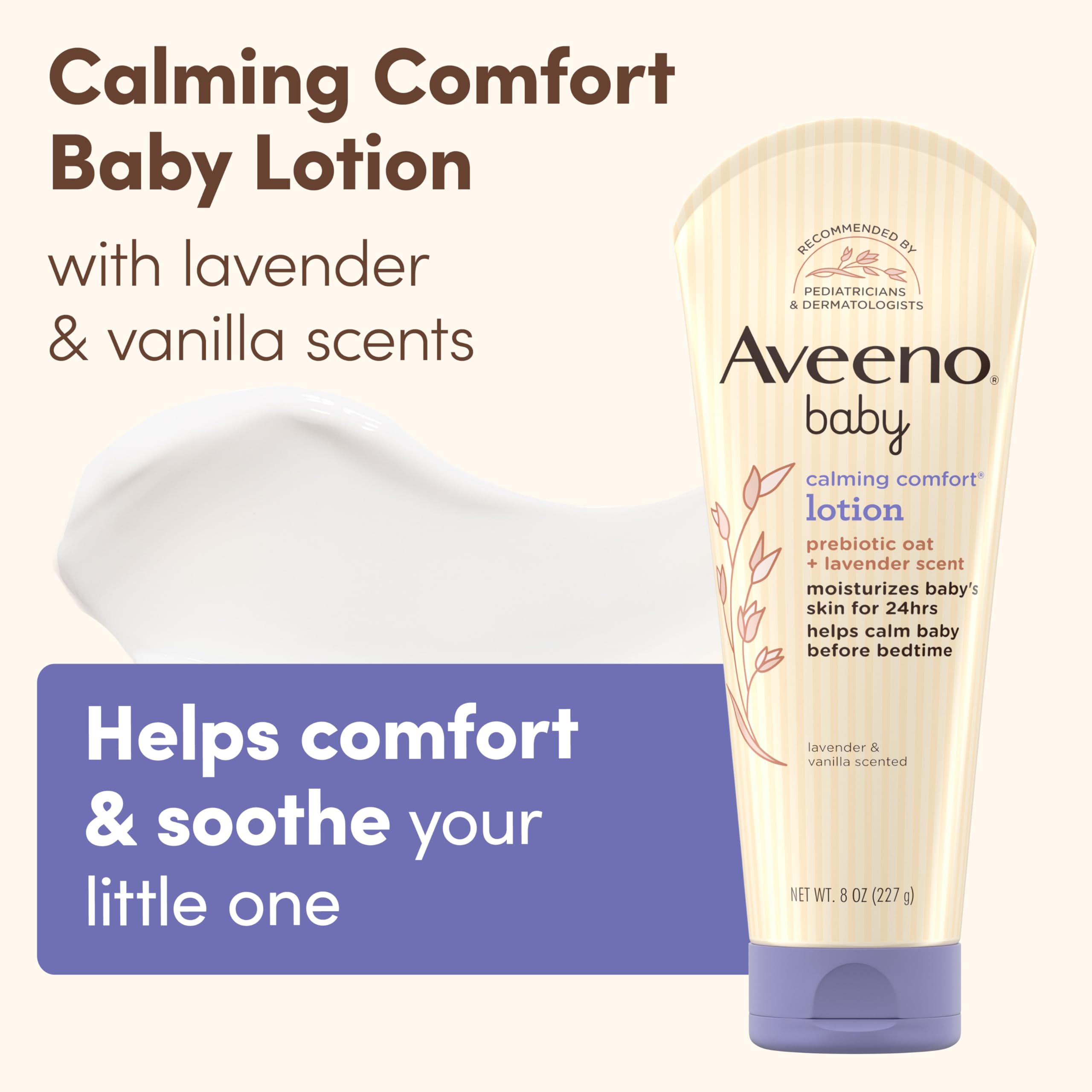 Aveeno Baby Calming Comfort Moisturizing Lotion with Relaxing Lavender & Vanilla Scents, Non-Greasy Body Lotion with prebiotic Oatmeal & Dimethicone, Paraben- & Phthalate-Free, 8 fl. oz
