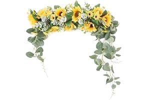 Firlar Artificial Sunflower Swag, 18 Inch Decorative Swag with Sunflowers, Green Leaves Hanging Ornament Floral Swag Door Swag for Wedding Home Party Door Wall Decoration
