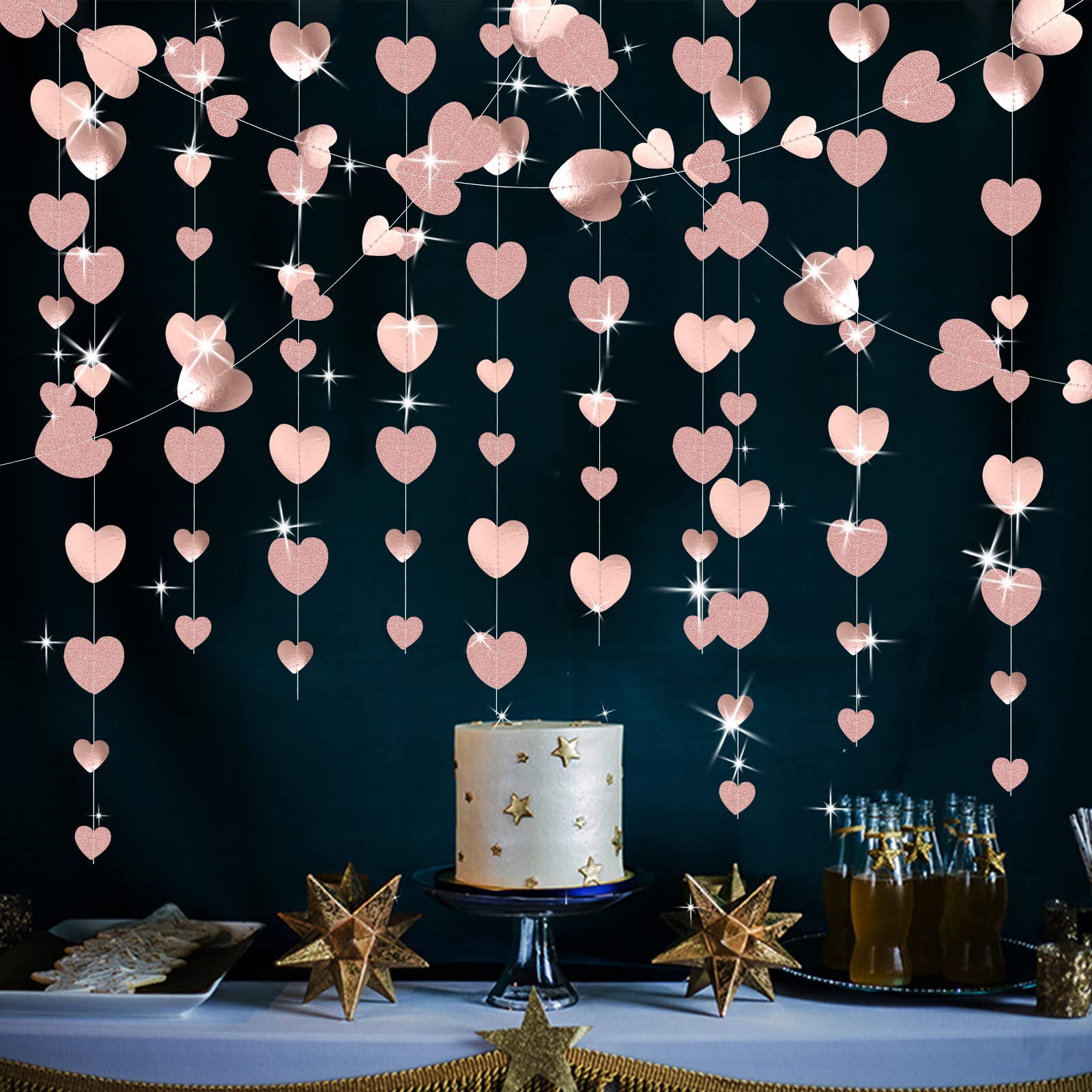 ZOCONE 63Ft Rose Gold and Pink Love Heart Streamer Banner Garland Hanging Paper Engagement Party Decorations for Anniversary Bachelorette Wedding Bridal Shower Birthday Mother's Day Valentines