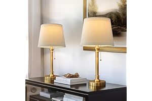 Oneach Modern Gold Brass Table Lamp Set of 2 for Bedroom Living Room 19.5'' Traditional Bedside Desk Nightstand Buffet Candlestick Samll Lamps with White Drum Shade