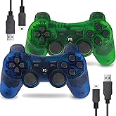 Burcica Wireless Controller for PS-3 Motion Sense Double Vibration Upgraded Gaming Remote for Play 3 with Charging Cord (Transparent Green and Transparent Blue)