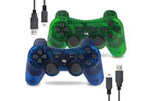 Burcica Wireless Controller for PS-3 Motion Sense Double Vibration Upgraded Gaming Remote for Play 3 with Charging Cord (Transparent Green and Transparent Blue)