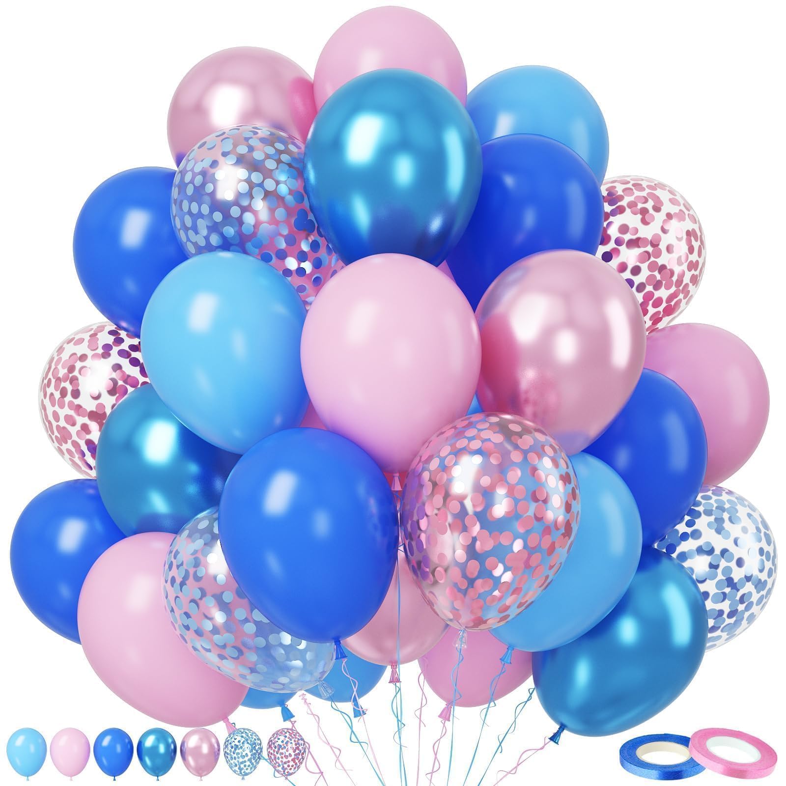 Photo 1 of Paready Pink and Blue Balloon Set - 50Pcs 12 Inch Pastel Confetti, Royal and Metallic Balloons for Kids Girls Birthday, Baby Shower, Gender Reveal Supplies