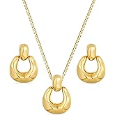 Necklace Earring Set for Women | 18K Gold Plated Statement jewelry | Trendy Pendant Necklace and Hoop Earrings for Her
