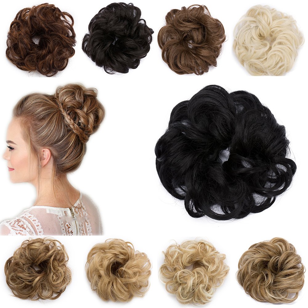 30G [Dark Black] Curly Messy Hair Bun Updo Scrunchy Scrunchie Donut Hair Extensions Chignons Hairpiece Drawstring Ribbon Ponytail Extension — image 1
