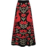 OXKnit Knittd Midi Skirts for Women, Casual Retro Peacock and Florals Pattern High Waist A Line Cotton Black Skirts