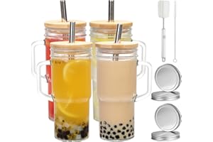CJWLKJ 24oz 4-Pack Glass Cups with Lids and Straws, Glass Tumbler with Handle, Reusable Ice Coffee Cups for Smoothies, Tea, J
