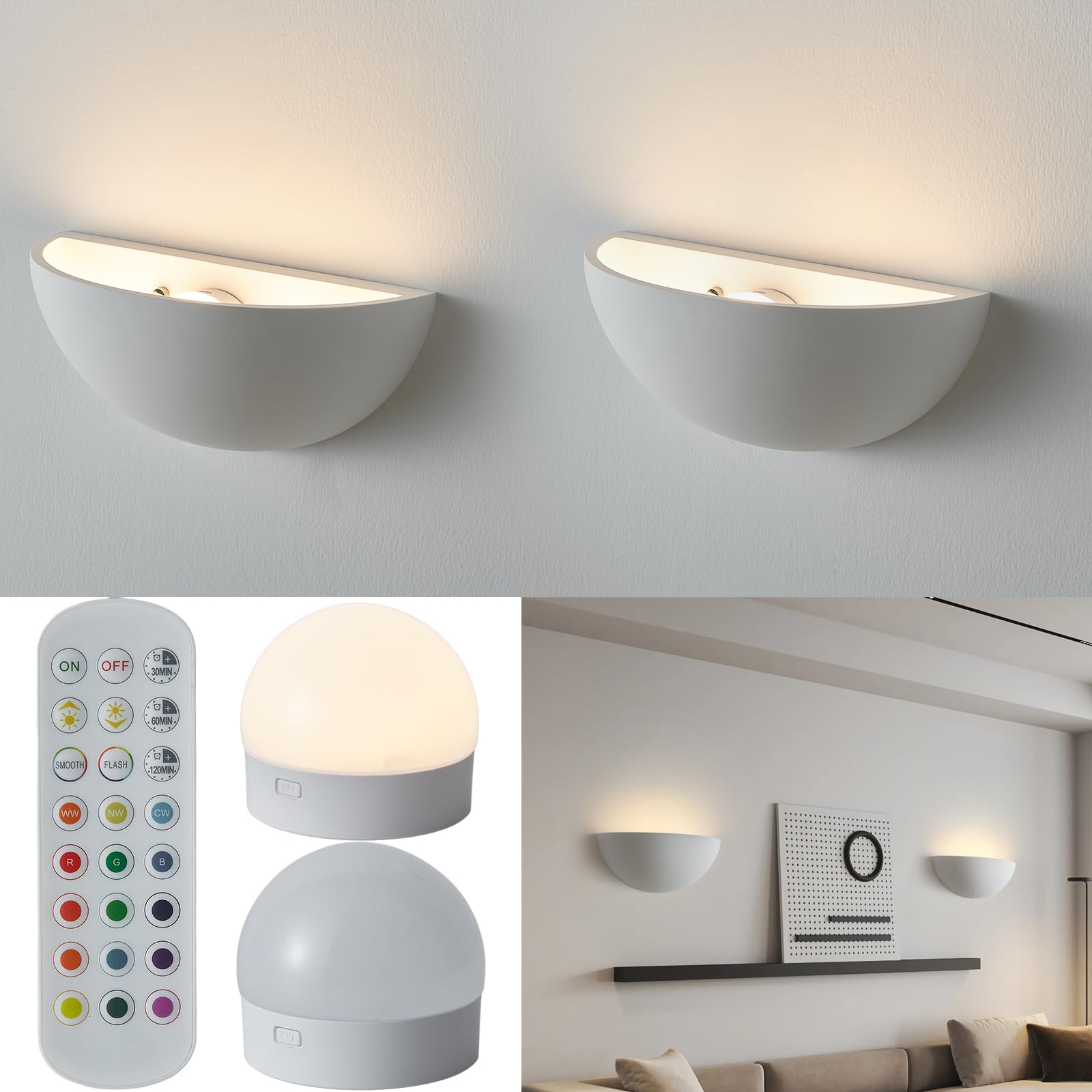 Photo 1 of 2 Pack Repaintable Battery Operated Wall Sconce, Minimalist Half-Sphere Gypsum Rechargeable Wall Light with 5000mAh Dimmable Magnetic Bulb Remote, 12 RGB Colors Wireless Wall Lamp for Hallway Decor