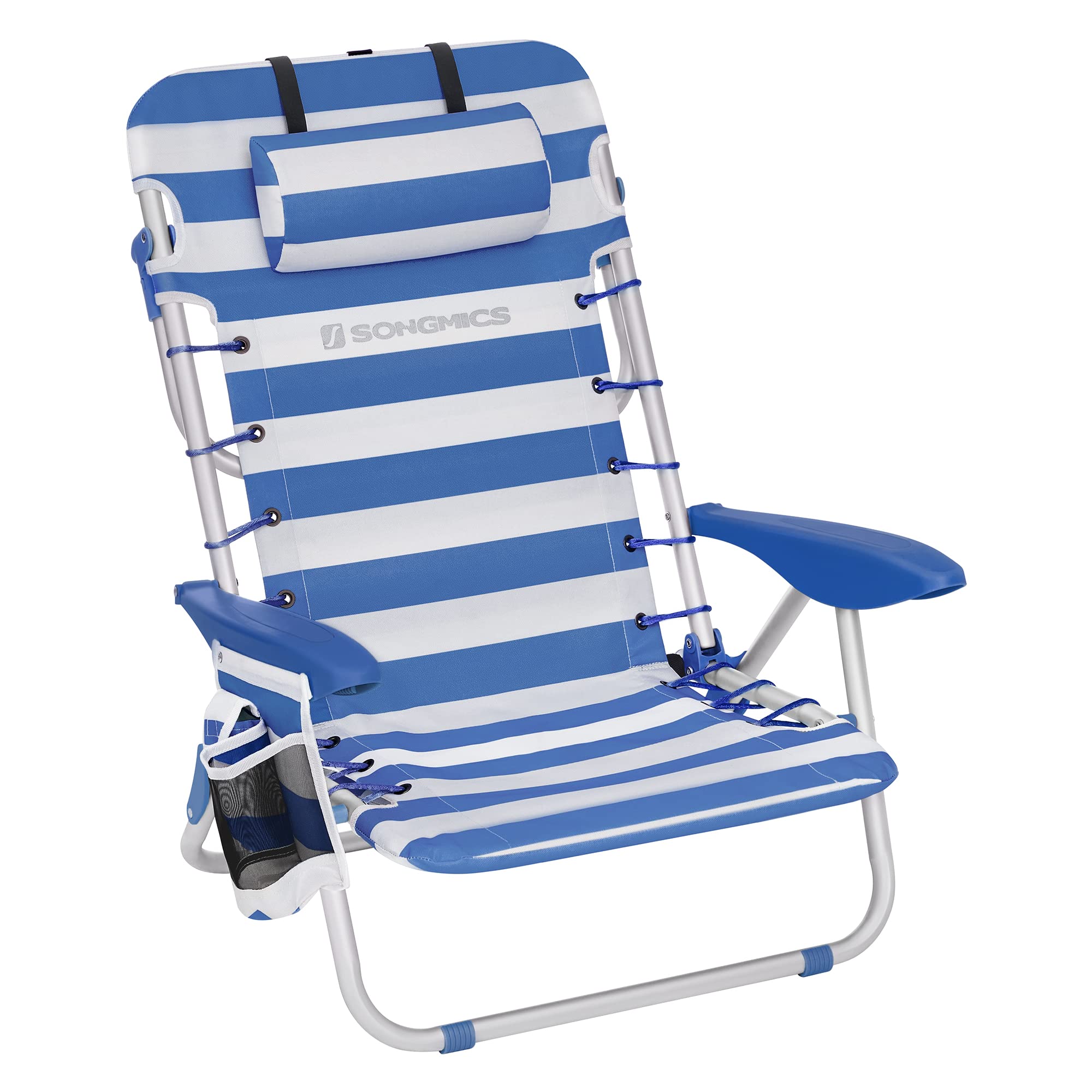 SONGMICS Beach Chair, Folding Camping Chair, with Shoulder Strap, Adjustable Backrest, Headrest, Armrest, 2 Side Pockets, Blue and White GCB62BU