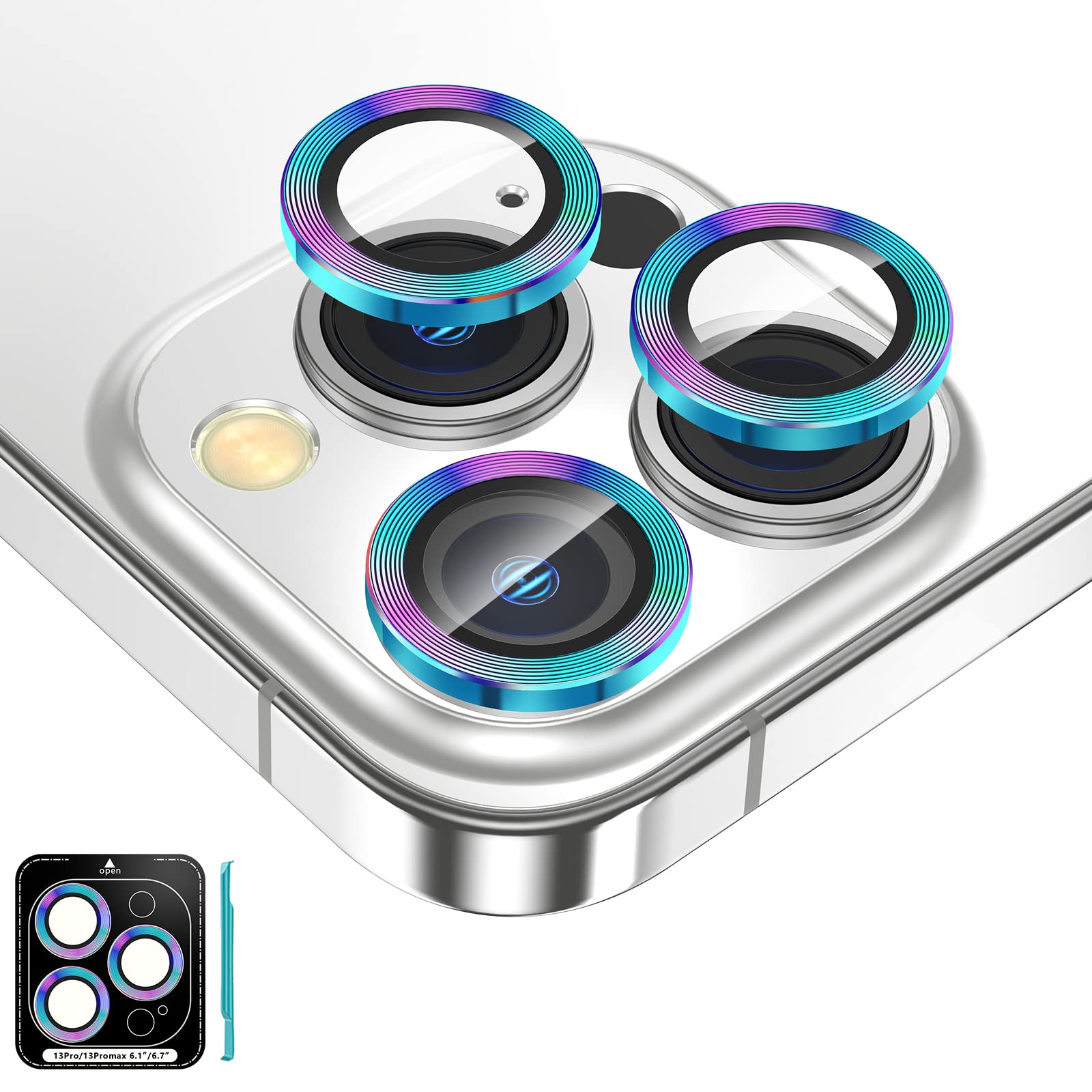 Fewdew for iPhone 13 Pro/iPhone 13 Pro Max Camera Lens Protector, 9H Tempered Glass Metal Ring Camera Screen Protector for iPhone 13 Pro 6.1 inch /13 Pro Max 6.7 inch(Colorful)