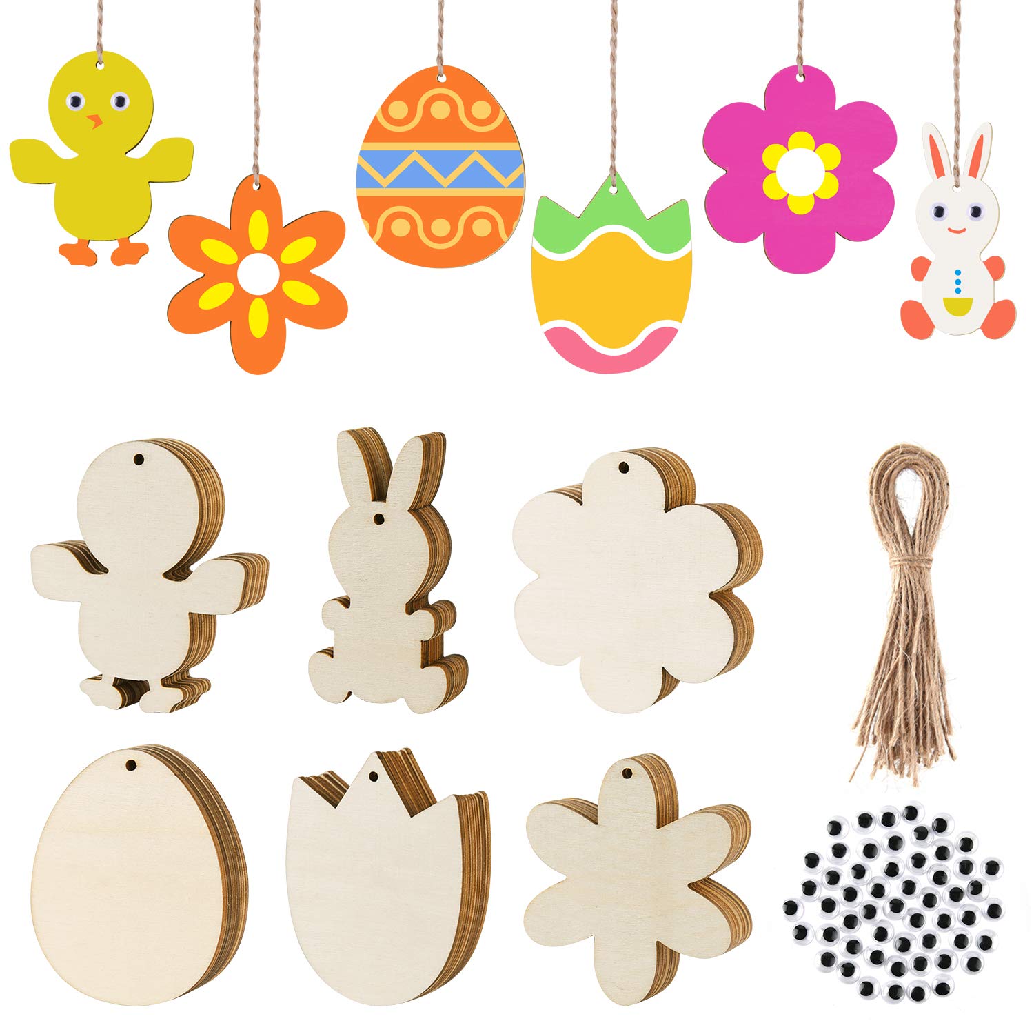 FEPITO 120Pcs Wood Easter Tags Unfinished Wooden Easter Ornaments Eggs Bunny Chick Tulip Cutouts Wooden Gift Tags with Strings for Kids DIY Easter Crafts Easter Decoration