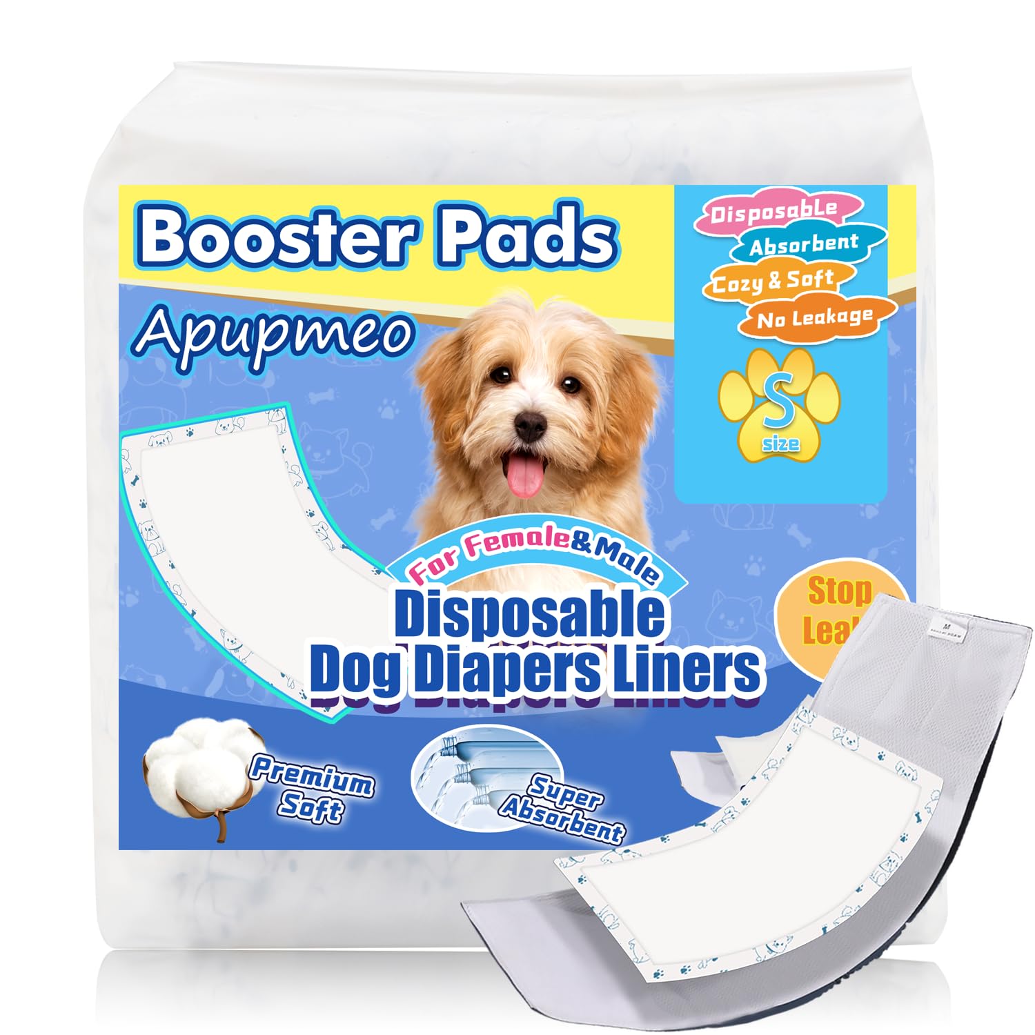 Photo 1 of Apupmeo Disposable Dog Diaper Liners - 20PCS Booster Pads for Male Female Dogs - Doggie Diaper Insert for Pet Belly Bands Wraps Period Pants Covers(S,20)