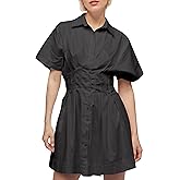 synound Women’s Button Front Down Pleated Shirt Dress Summer Casual Striped Short Sleeve Blouse Mini Dresses
