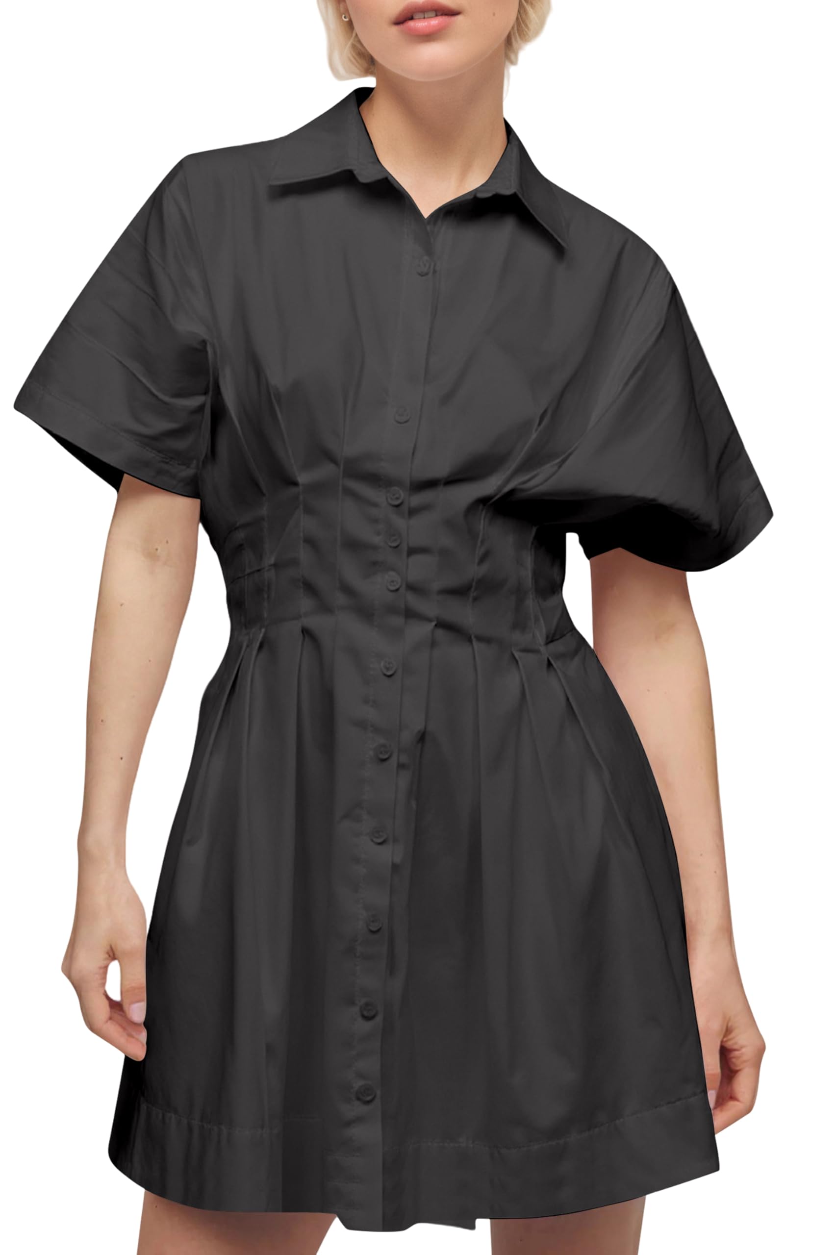 Photo 1 of xl----synound Women’s Button Front Down Pleated Shirt Dress Summer Casual Striped Short Sleeve Blouse Mini Dresses Black