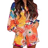Molilove Women's Summer 2 Piece Outfits Print Button Down Shirt Shorts Pockets Long Sleeve Beach Vacation Going Out Outfits