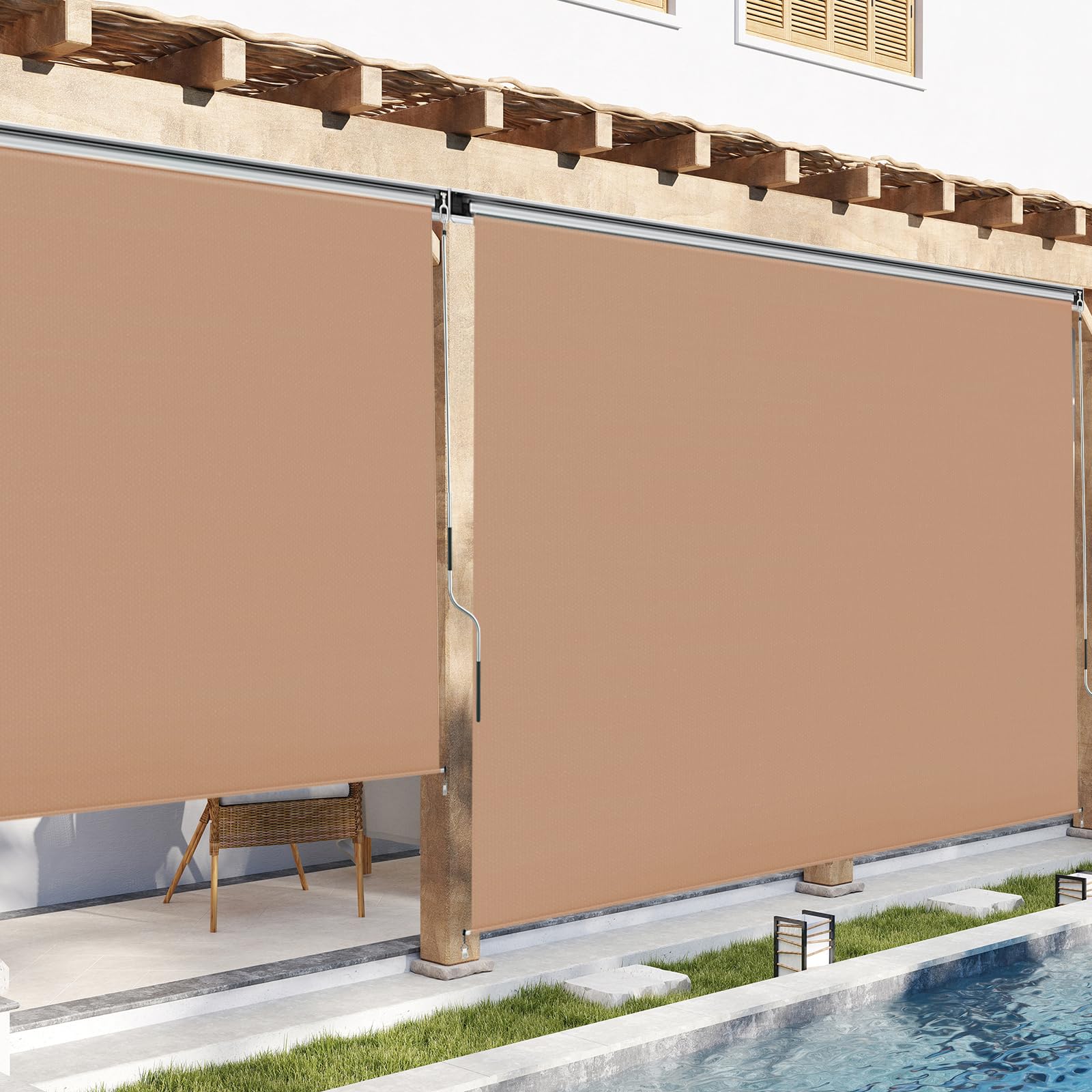 Photo 1 of ZealWe Outdoor Roller with Heavy Duty Aluminum Alloy Shades Box Shades 6’W x 8’H Cordless Roll Up Exterior Blinds Blackout Sun Shade for Patio, Porch Pergola, Balcony, Mocha