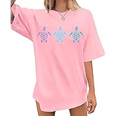 QAUN Sea Turtle Shirts Women: Oversized Hawaiian Shirt Beach Graphic T-Shirt Turtle Graphic Tee Casual Vacation Tops