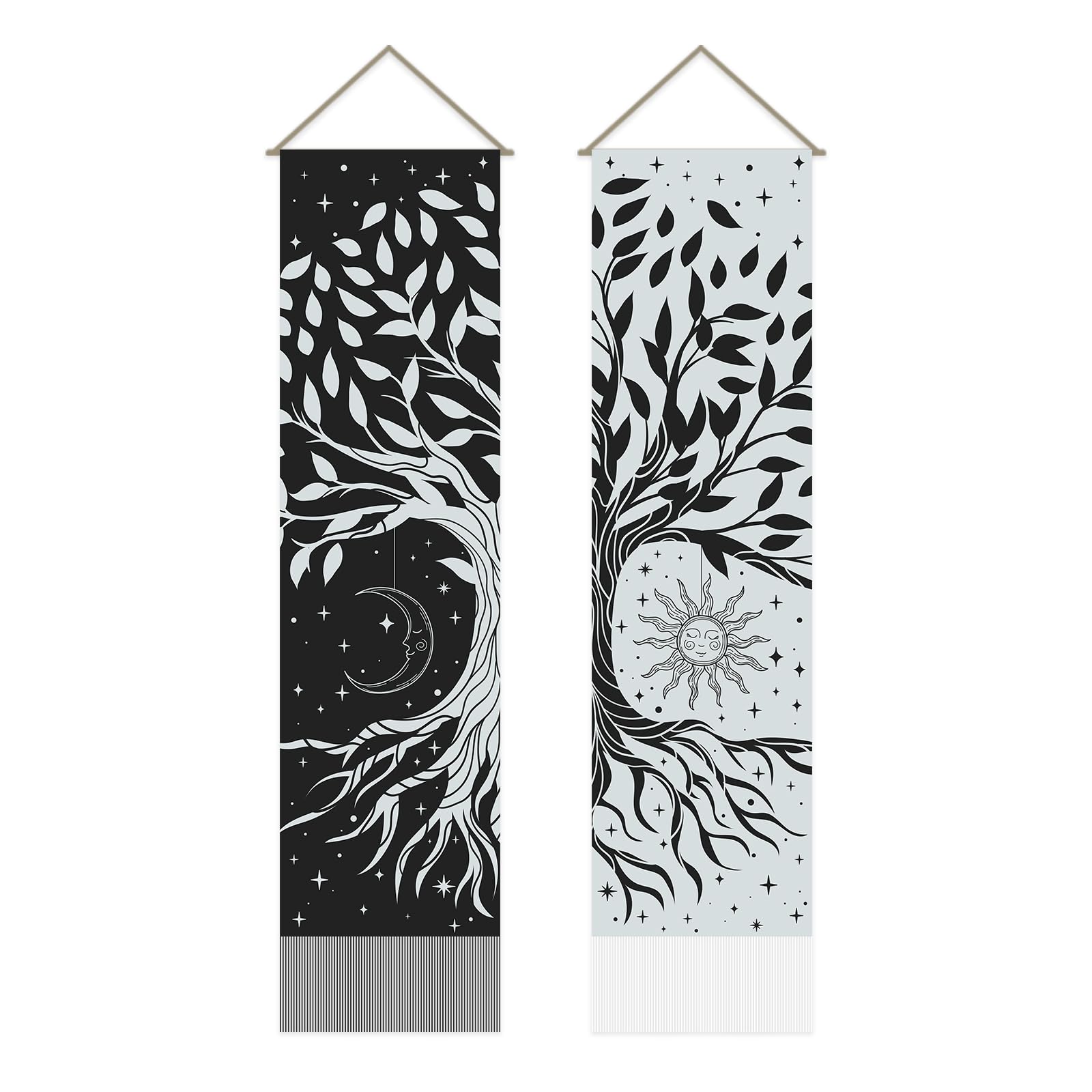 AHANDMAKER 2 Pcs Tree of Life Wall Hanging, Black and White Tapestry Sun Moon Star Wall Art for Living Room and Bedroom (51.18x12.99 inch)