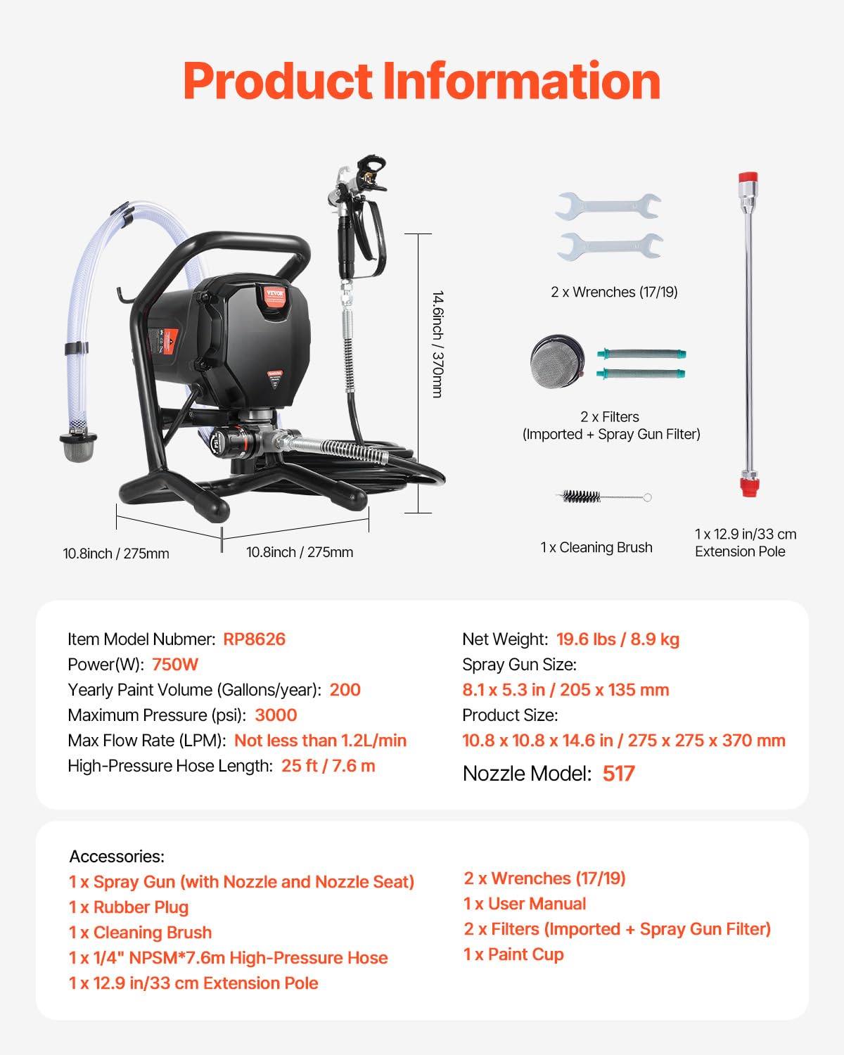VEVOR Pulverizador de pintura sin aire con soporte de 750 W, pulverizador eléctrico sin aire de alta eficiencia de 3000 PSI, efecto de pintura fina y uniforme, pulverizadores de pintura de mano para muebles y cercas interiores y exteriores del hogar