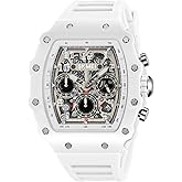 MASTOP Fashion Hollowed Men Watches Tonneau Transparent Silicone Strap Skull Big Face 50M Waterproof Chronograph Calendar Analog Display Quartz Male Wrist Watch