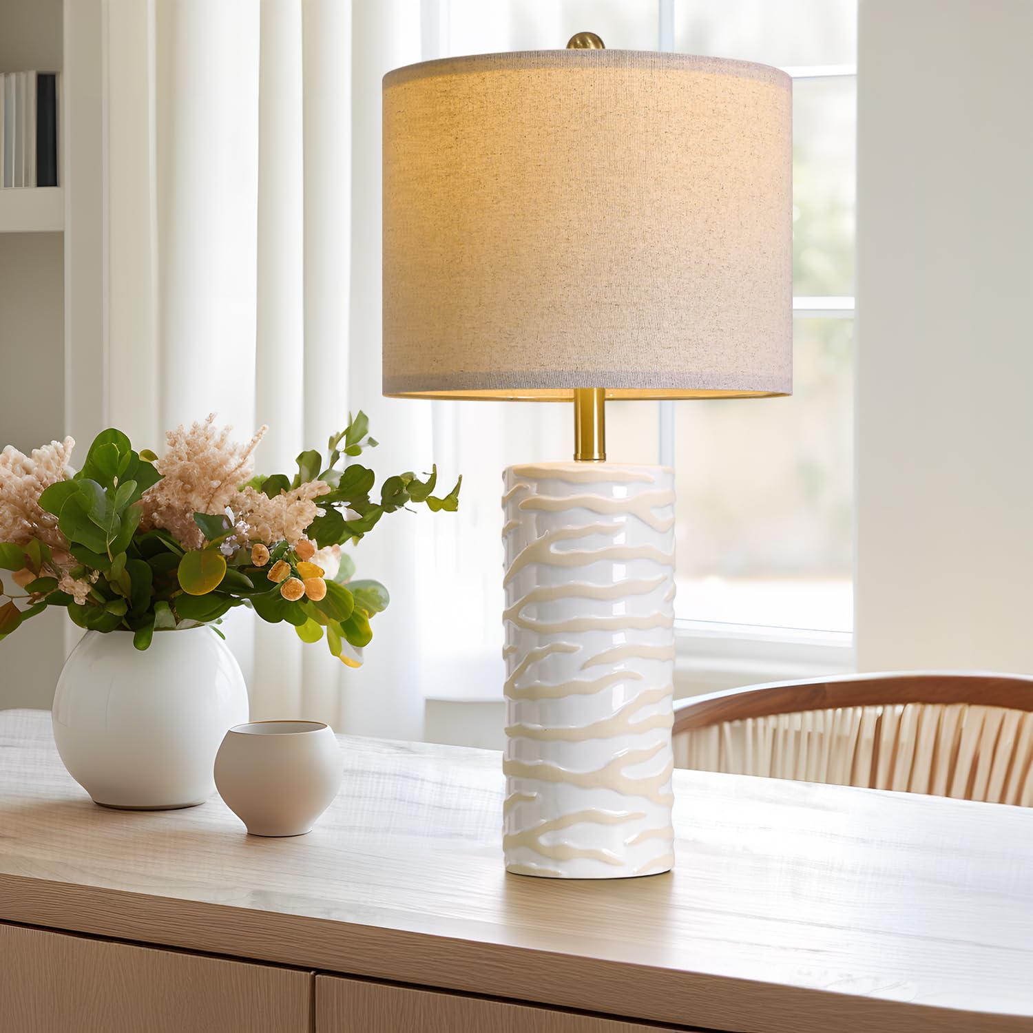 Photo 1 of PoKat 26.75" Ceramic Table Lamp, Modern White Lamp for Living Room, Bedroom, Night Stands, Farmhouse Bedside Nightstand End Table Lamp