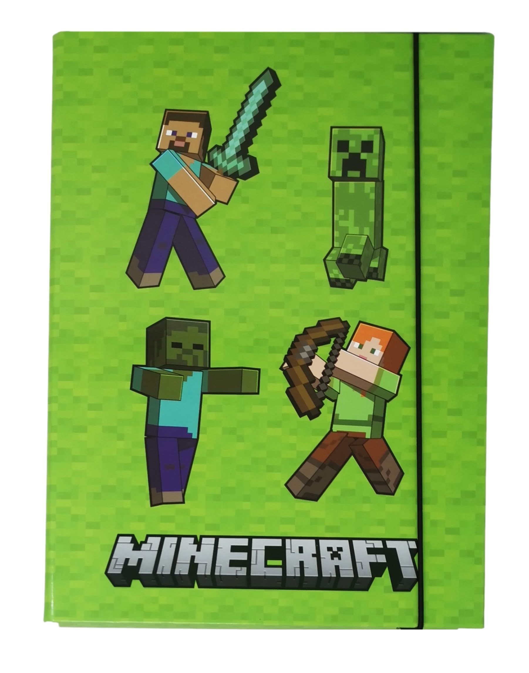 Theonoi Sturdy Children's Box, File Box, Folder for School Bag, Dossier Folder with Elastic Band and Inner Flaps, DIN A4 (Minecraft Green) — image 1