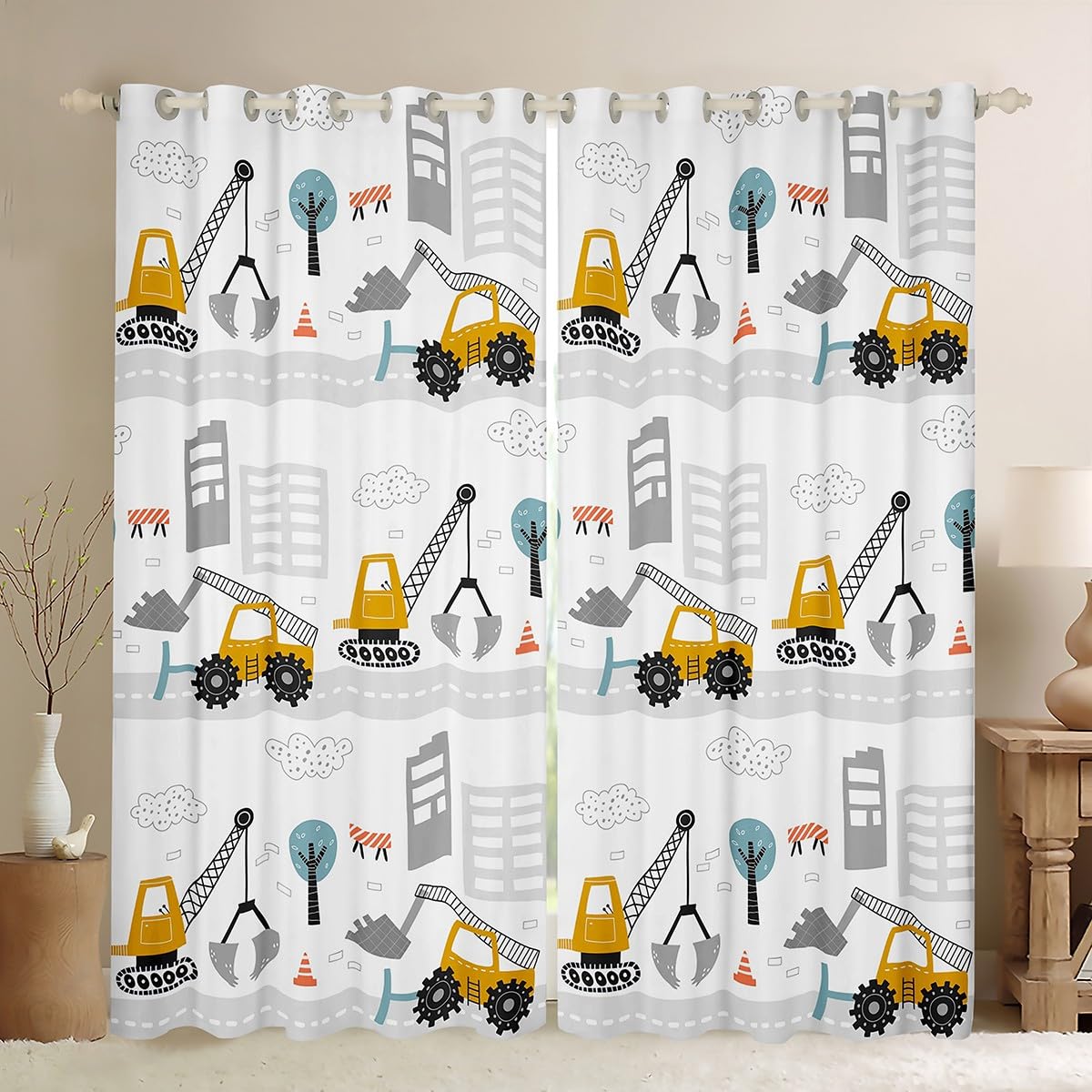 Homemissing Construction Vehicles Darkening Dreapes Excavator Curtains for Bedroom Living Room Kids Boys Decor Equipment Trucks Blackout Curtains Cartoon Car Window Treatments W46*L54 — image 1