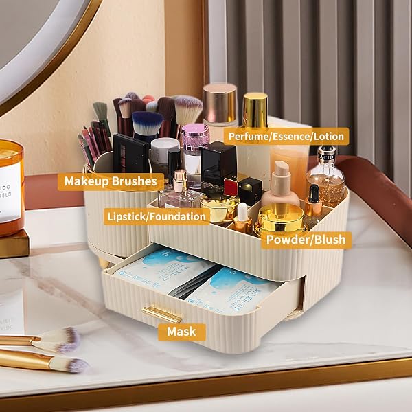 ZUFUDO MAKEUP ORGANIZER COUNTERTOP WITH DRAWER 360 ROTATING BRUSH HOLDER STORAGE LARGE CAPACITY SKINCARE COSMETIC DISPLAY CASES FOR VANITY BATHROOM DESKTOP, MODEL 3016 CREAM