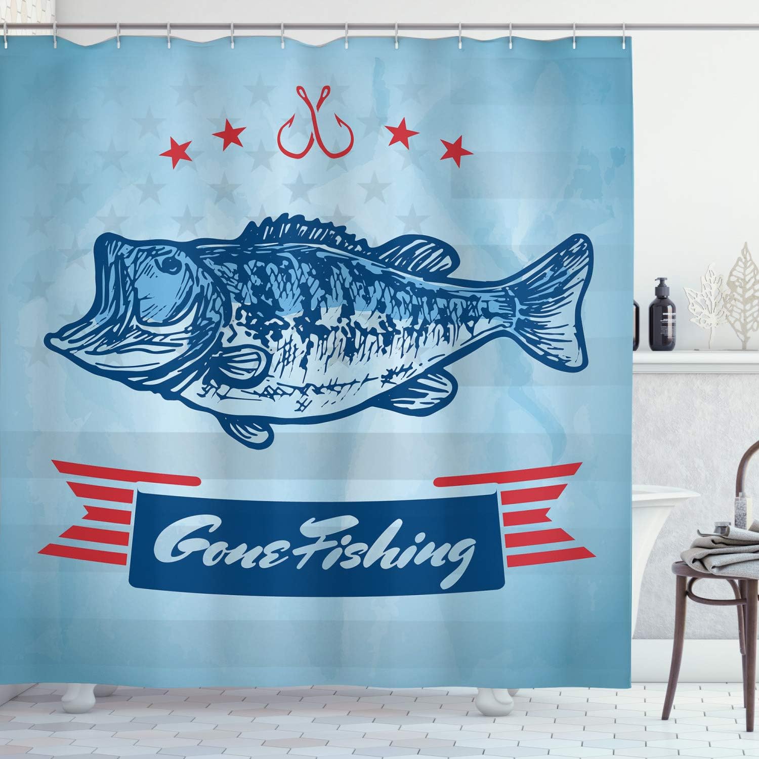Amazon Com Ambesonne Gone Fishing Shower Curtain Trout Fish Pictogram With Usa National Flag Theme Background Hook And Stars Cloth Fabric Bathroom Decor Set With Hooks 70 Inches Multicolor Home Kitchen
