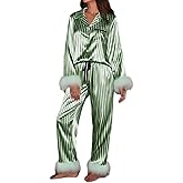 Argeousgor Women 2 Piece Satin Feather Pajama Set Long Sleeve Striped Tops Elastic Waist Patchwork Pants Sleepwear Outfit