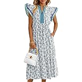 Wenrine Womens Summer Floral Midi Dresses Ruffle Cap Sleeve V Neck Flowy Boho Casual Beach Vacation Sundress