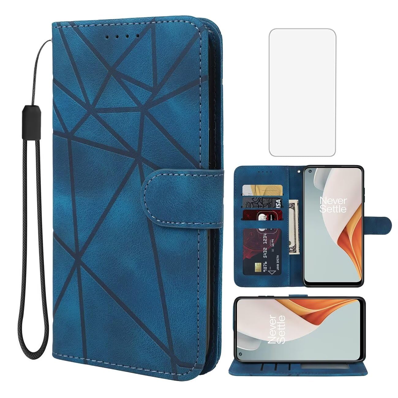 Wanyuexes Case for OnePlus Nord N100, Leather Wallet Case with Tempered Glass Screen Protector, Kickstand, Card Holder, Blue