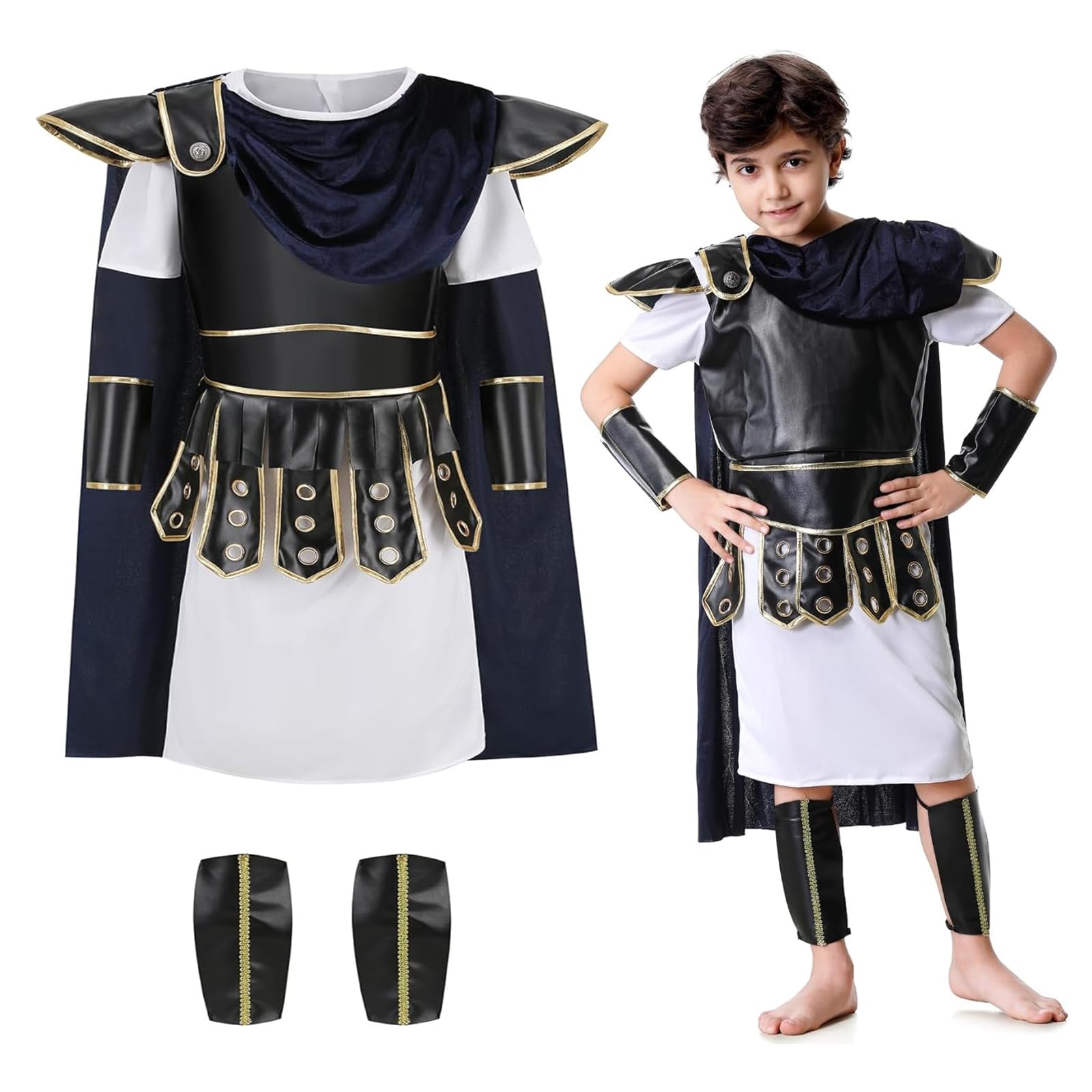 maxToonrain Gladiator Costume for Kids Centurion Roman Soldier Outfit Viking Medieval Greek Historical Theme Role Playing Party - Includes Tunic, Armour, Cape, Arm and Leg Guards (Black, 8-9 Year)
