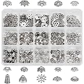 PH PandaHall 300Pcs Bead Caps, 15 Styles Flower Bead Cap Spacers Alloy Bead Cap Bails End Charm Caps Spacer Beads for Earring Bracelets Necklace Jewelry DIY Crafts Making, Antique Silver