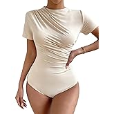 Milumia Women's Casual Ruched Mock Neck T Shirt Short Sleeve Tee Bodysuit Jumpsuit