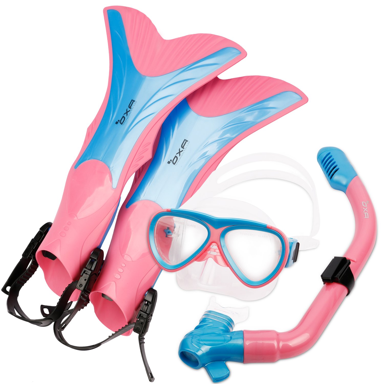 OXA Scuba Diving Snorkel Set including Dry Top Snorkel, 2-Windows Tempered Glass Mask and Trek Fins for Kids